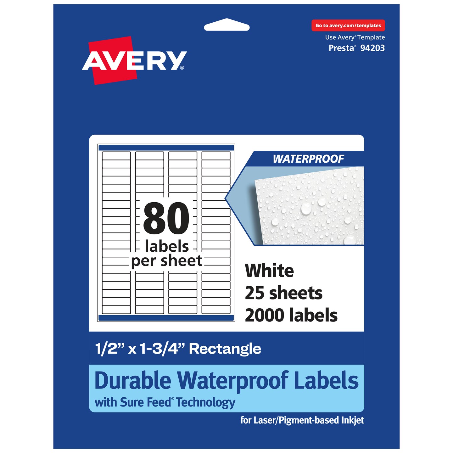 Avery Waterproof Rectangle Labels with Sure Feed, .5&#x22; x 1.75&#x22;