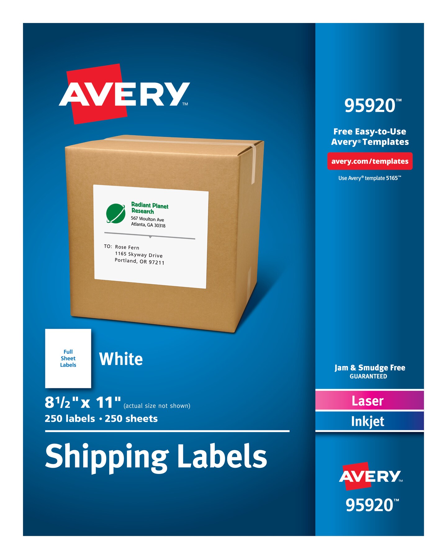 Avery Shipping Address Labels, Laser &#x26; Inkjet Printers, 250 Labels, Full Sheet Labels, Permanent Adhesive (95920)