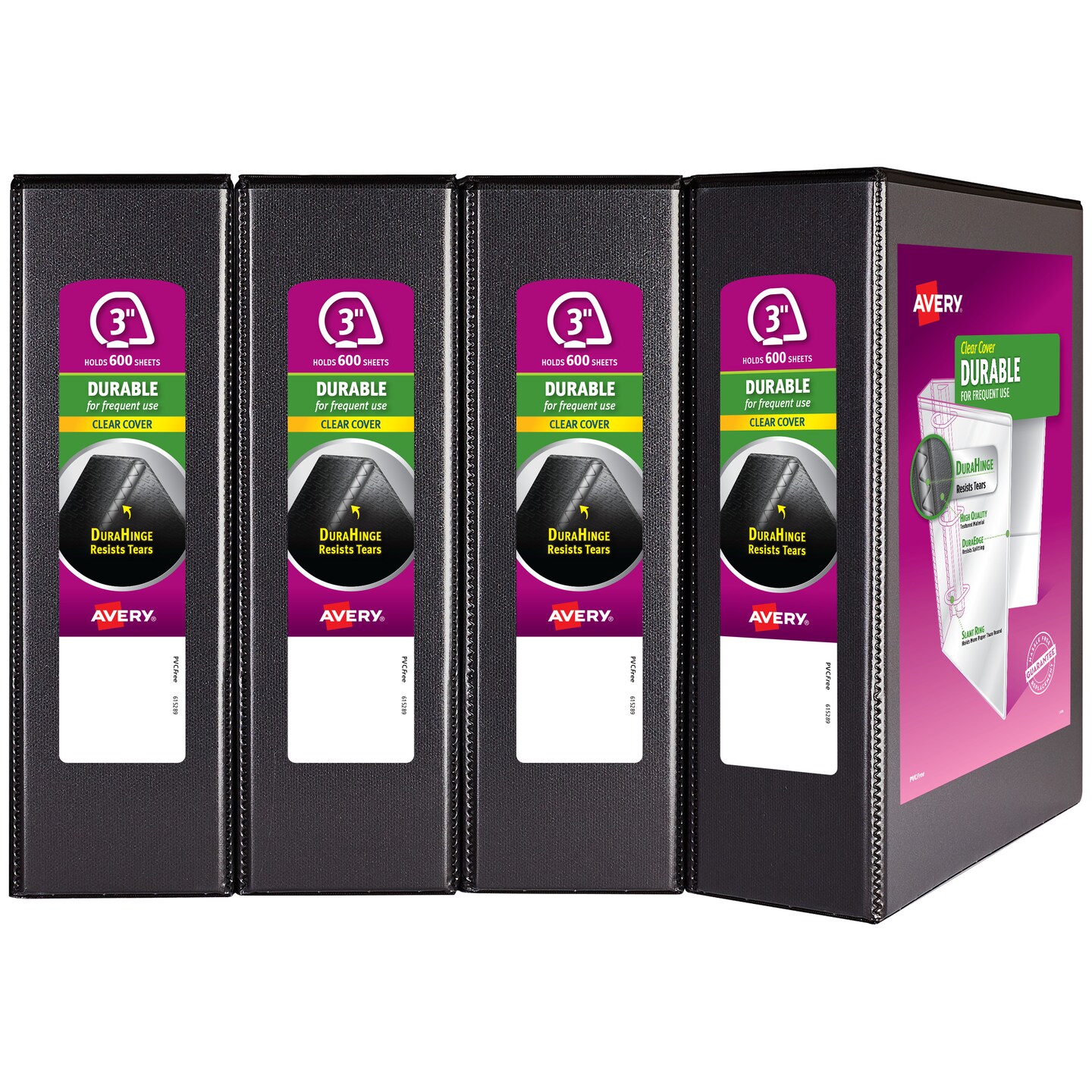 Avery Durable View 3 Ring Binders, 3" Slant Rings, 4 Black Binders (17050)