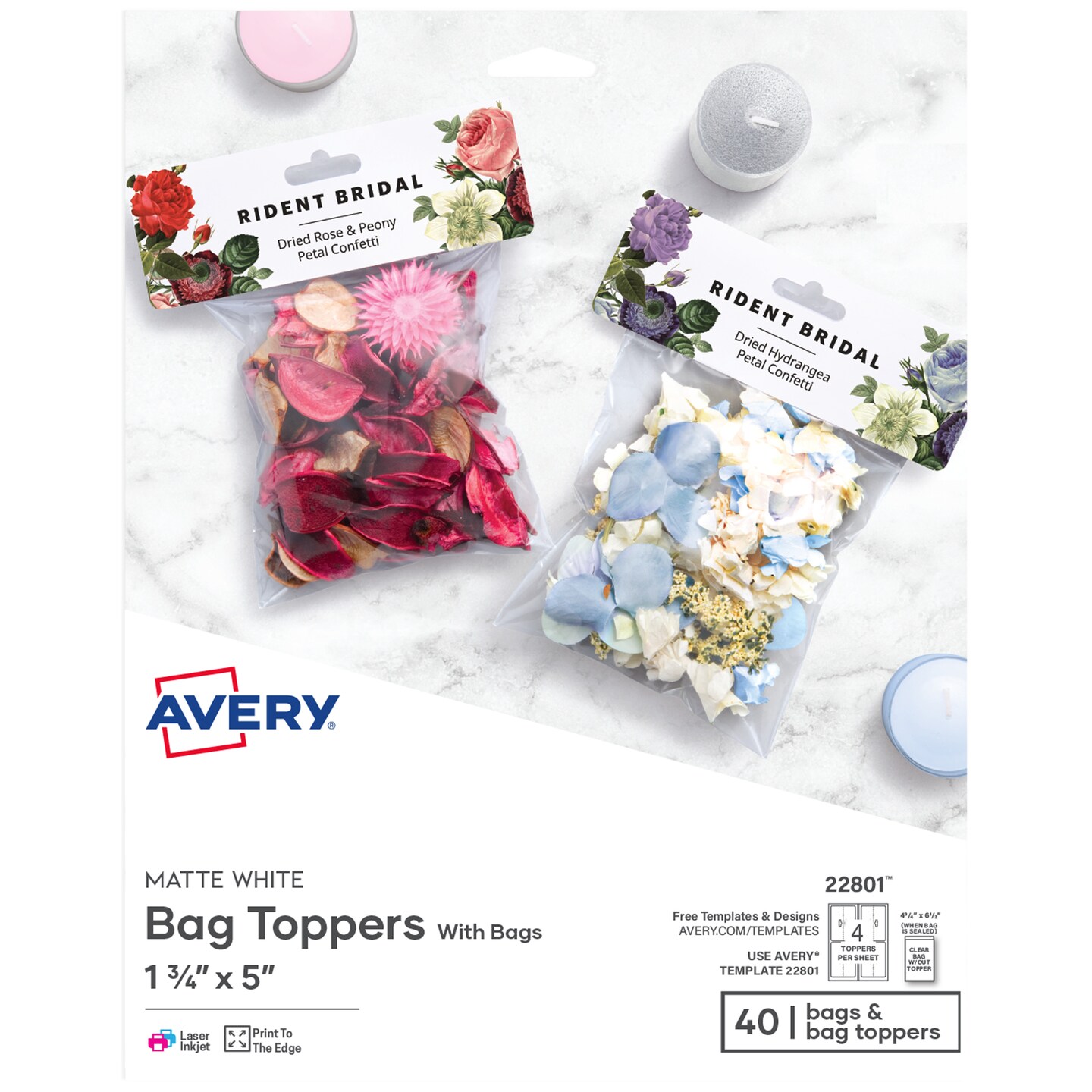 Avery Printable Bag Toppers with Bags, Permanent Adhesive, 1-3/4" x 5", 40 Labels (22801)