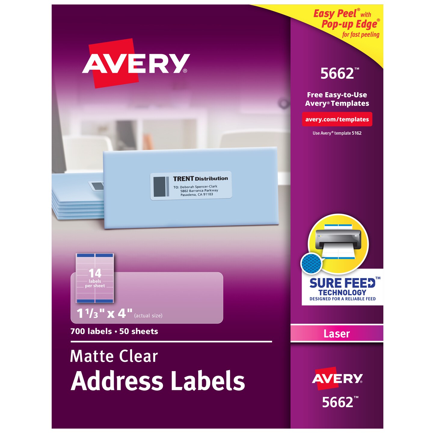 Avery Matte Clear Address Labels, Sure Feed Technology, Laser, 1-1/3&#x22; x 4&#x22;, 700 Labels (5662)