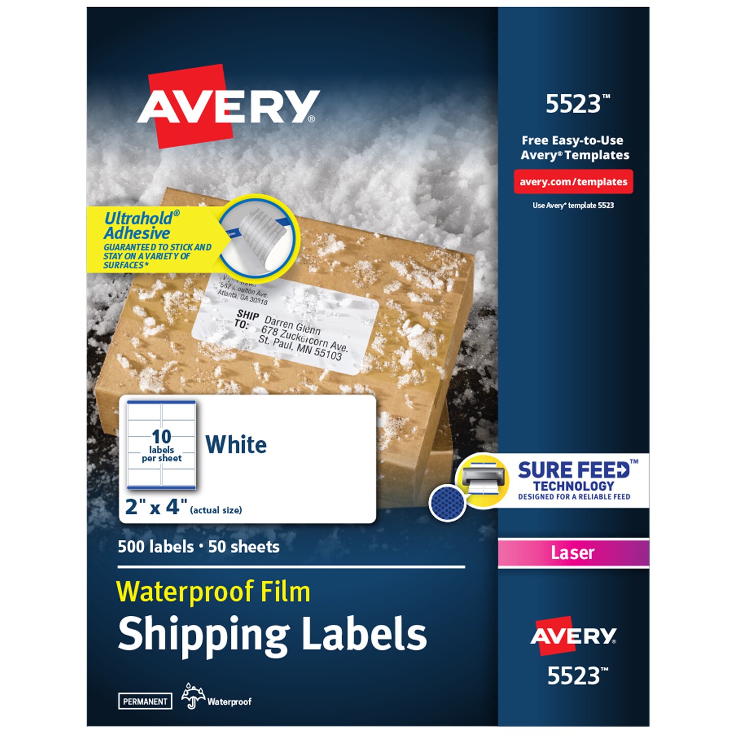 Avery Waterproof Labels with UltraHold Permanent Adhesive, 2&#x22; x 4&#x22;, 500 Labels for Laser Printers (5523)