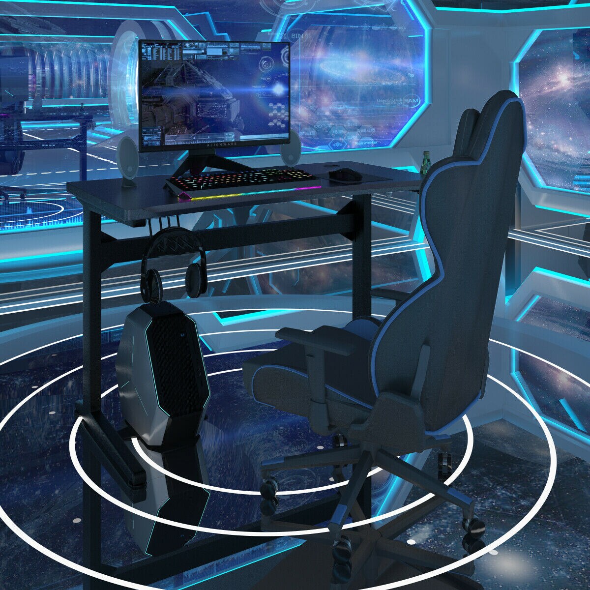 Costway Gaming Computer Desk Carbon Fiber Surface w/Mousepad Cup Holder Headphone Hook