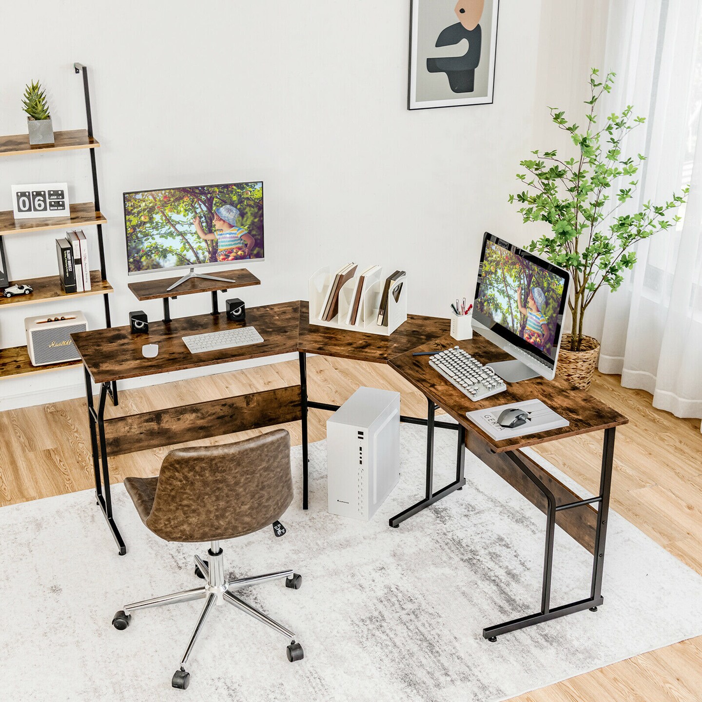 Costway 88.5&#x27;&#x27; L Shaped Reversible Computer Desk 2 Person Long Table Monitor Stand