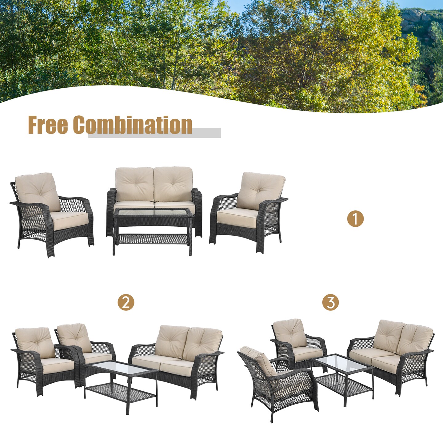Costway 4PCS Patio Wicker Furniture Set Loveseat Sofa Coffee Table W/ Cushion