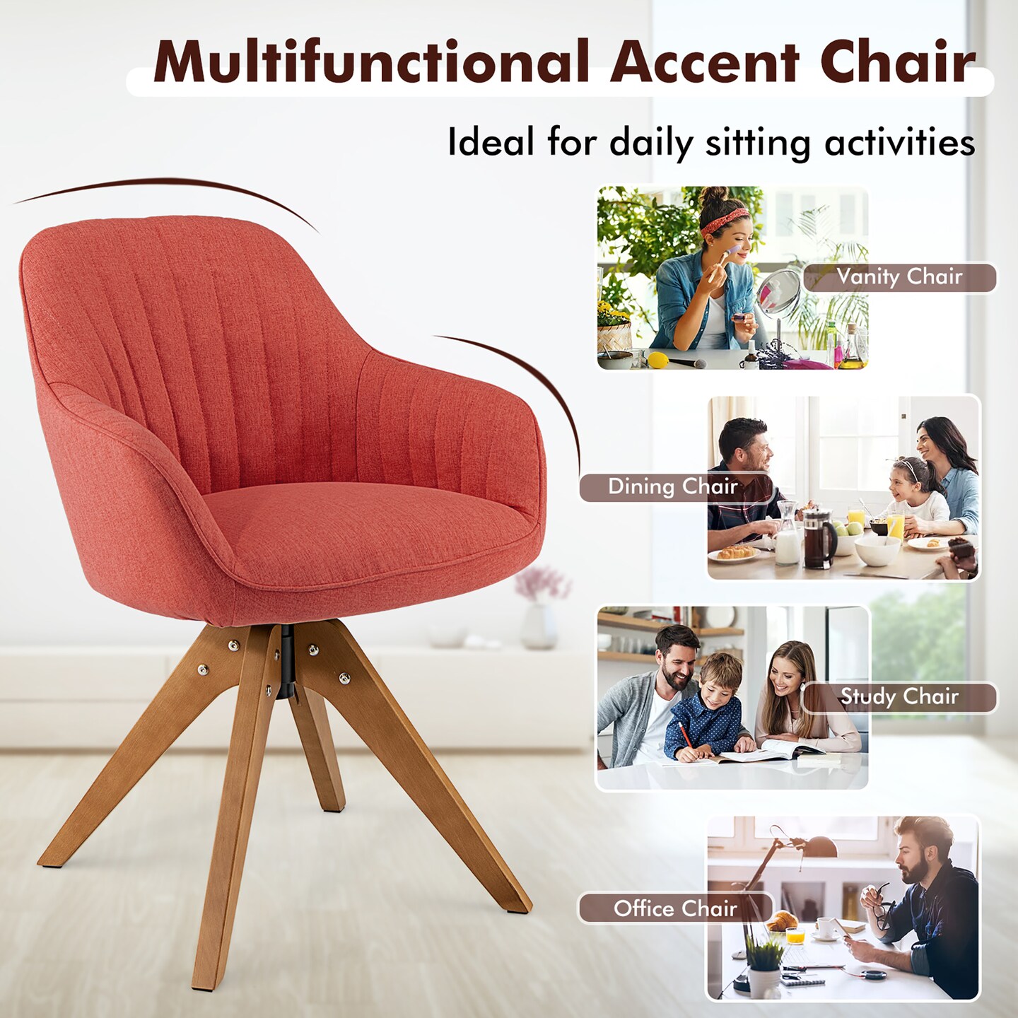 Costway Modern 360 degree Swivel Accent Chair w/ Linen Fabric & High-density Sponge Yellow/Brown/White/Grey/Red