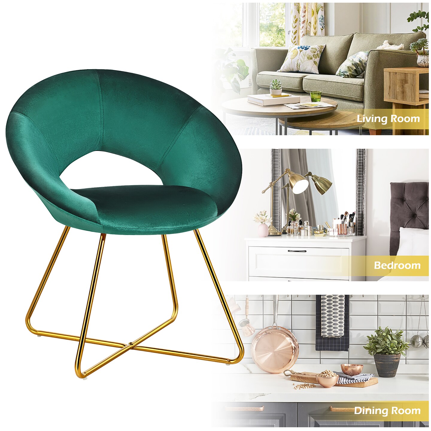 Costway Modern Velvet Accent Chair Upholstered Vanity Chair w/Golden Metal Leg Pink\Dark Green\Grey