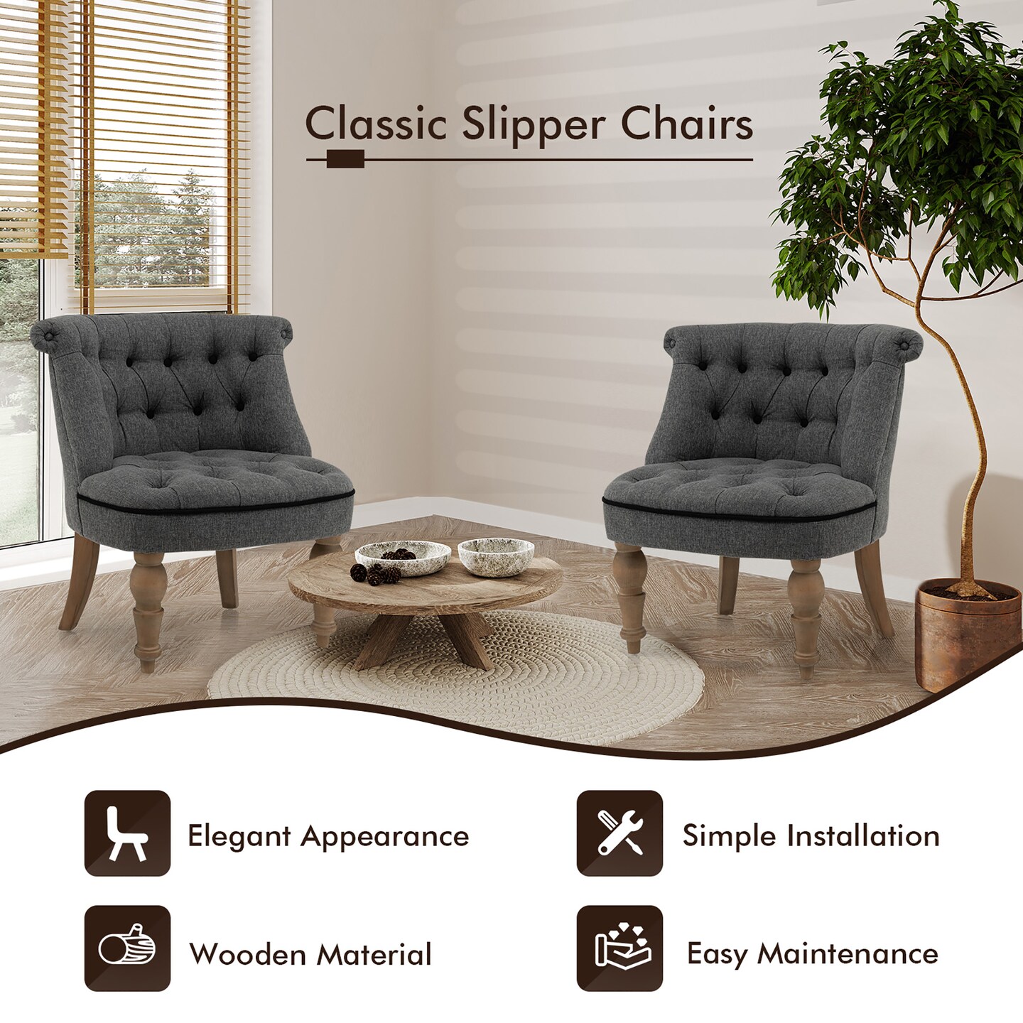 Costway Set of 2 Upholstered Slipper Chairs Armless Accent Chairs w/ Beech Wood Legs