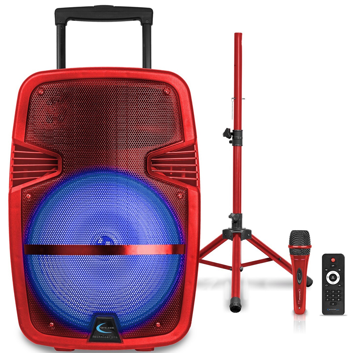 Technical Pro   3000 Watts 15&#x22; Rechargeable Bluetooth LED Loudspeaker Package with Tripod and Microphone (Red)