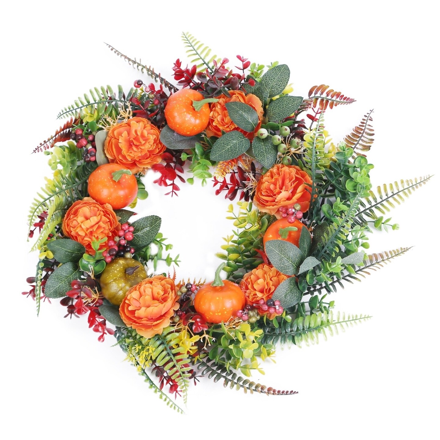 Global Phoenix 17.71IN Autumn Wreath with Pumpkin Mixed Leaves Berries Flowers Fall Decoration for Indoor Outdoor Window Wall Front