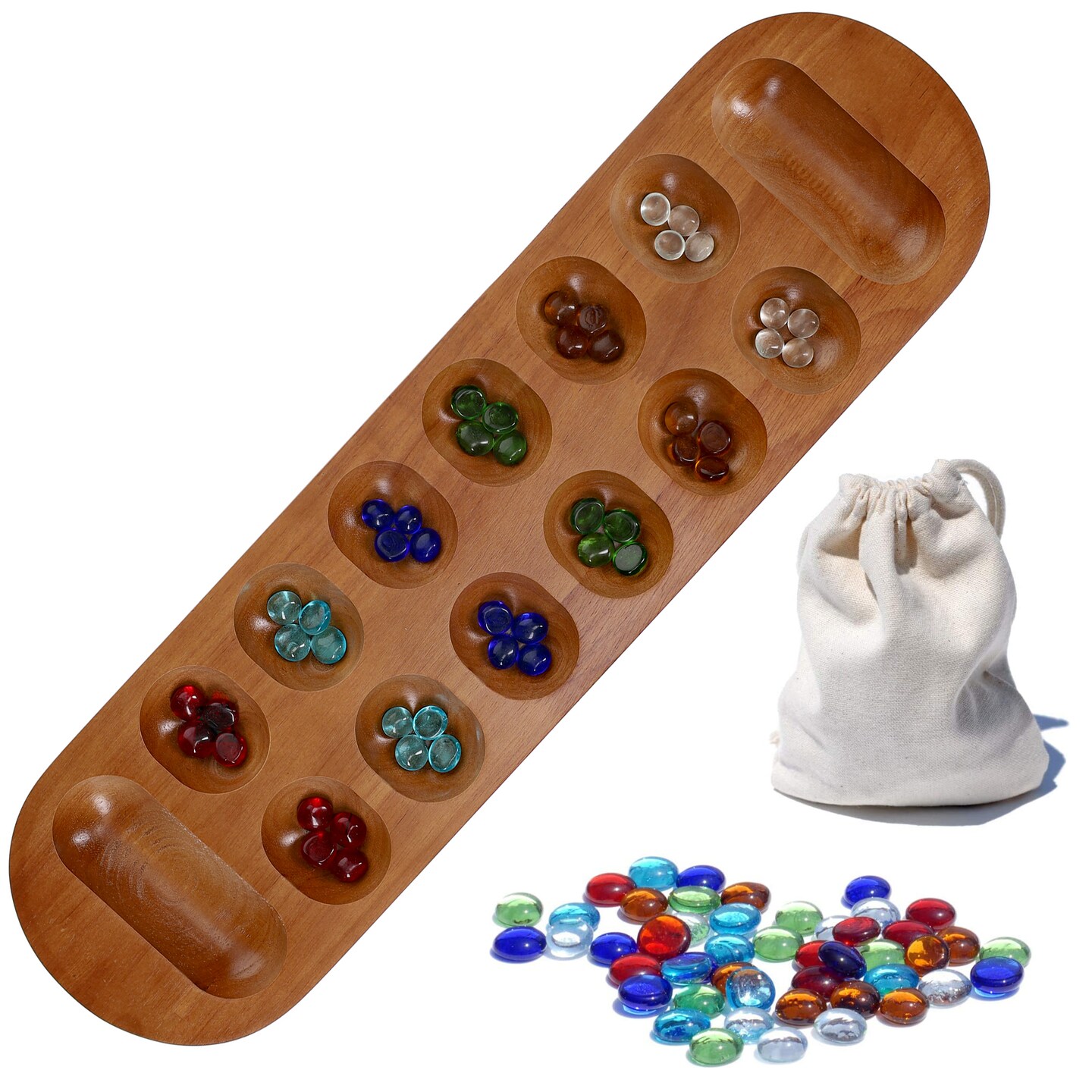 WE Games Solid Wood Mancala Board Game with Walnut Stain - 22 in.