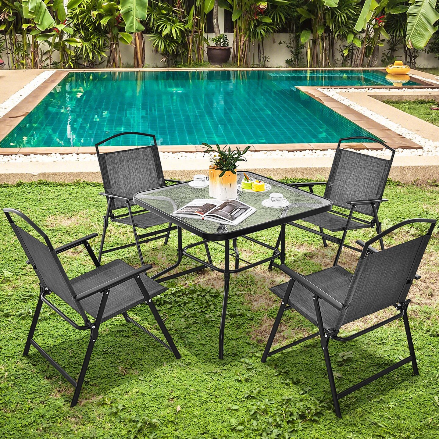 Costway Patio Folding Dining Chairs Set of 4 with Cozy Seat Fabric &#x26; Heavy-Duty Metal Frame Grey