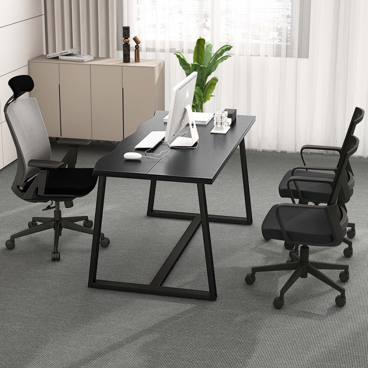 Costway 63&#x22; Large Dining Table for 4-6 People with Wavy Edge Heavy-duty Metal Frame Coffee/Black