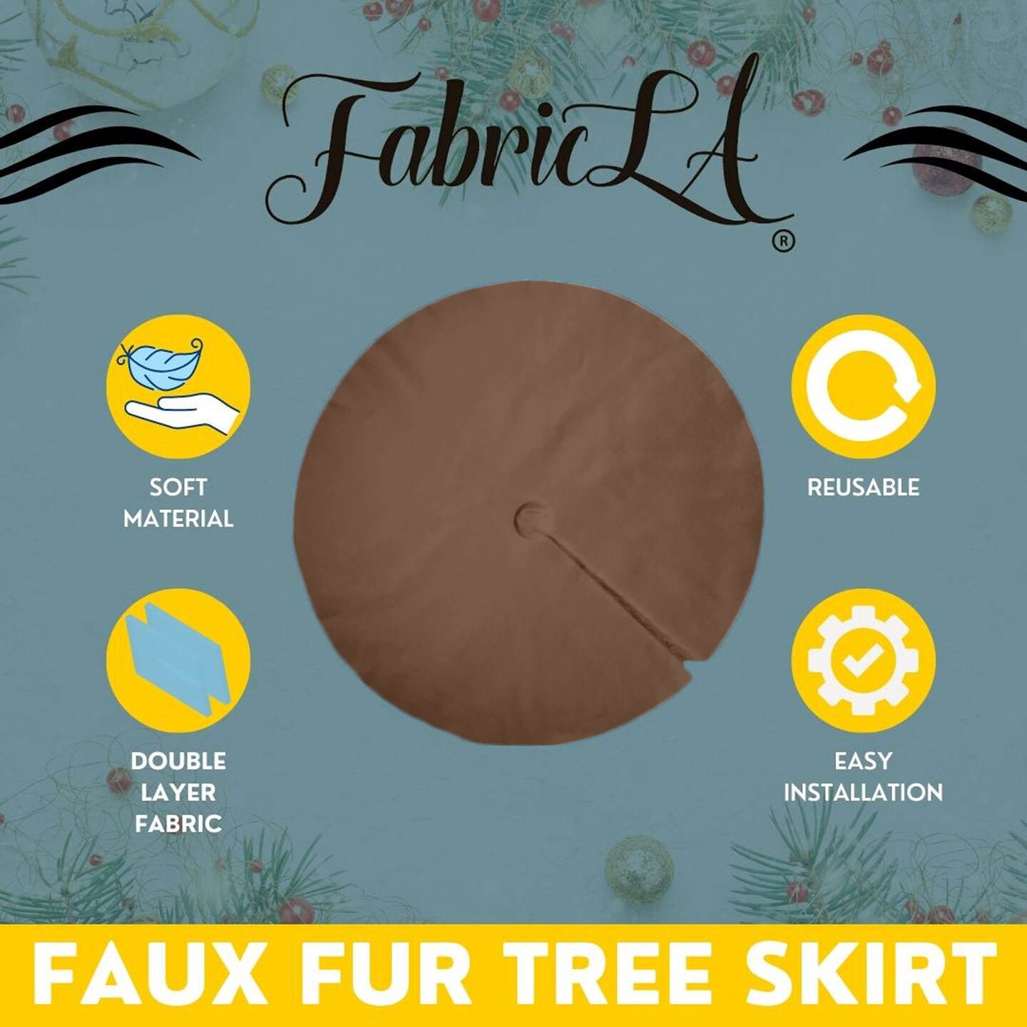 FabricLA 48&#x22; Light Brown Faux Fur Christmas Tree Skirt - Fluffy Plush Tree Skirt (121cm) for Holiday Decorations