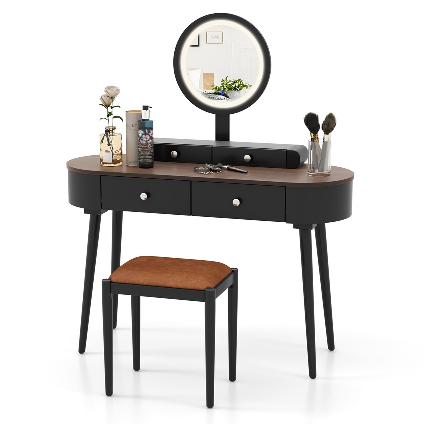 Costway Solid Wood Makeup Vanity Desk Set with LED Lighted Mirror Drawers Cushioned Stool White + Brown/Black + Brown/White + Black/White + Natural