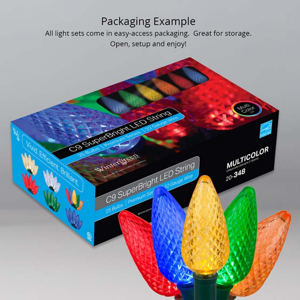 25 Multicolor C9 LED Christmas Lights, Green Wire, 8" Spacing