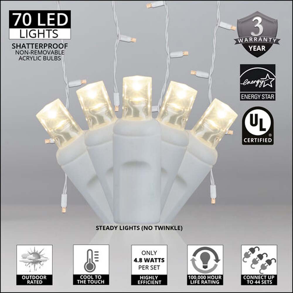 70 Warm White 5mm LED Icicle Light Set with White Wire