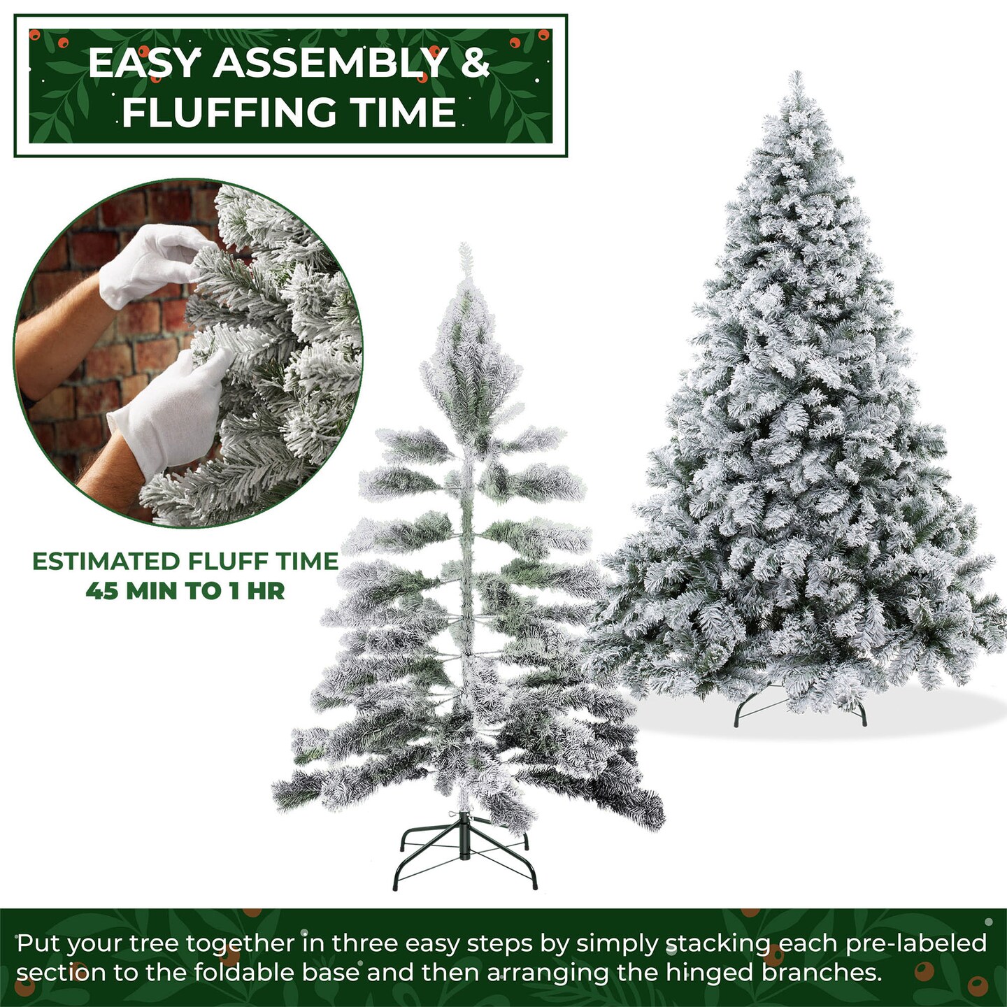 Casafield Realistic Snow-Flocked Pine Artificial Holiday Christmas Tree with Sturdy Metal Stand