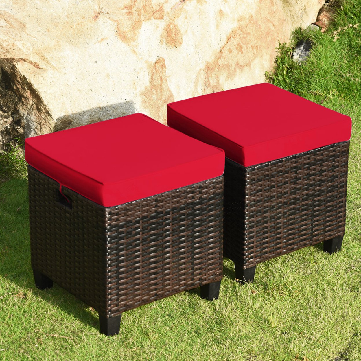 Set Of 2 Patio Rattan Ottoman Footrest Garden Outdoor W Red Cushion