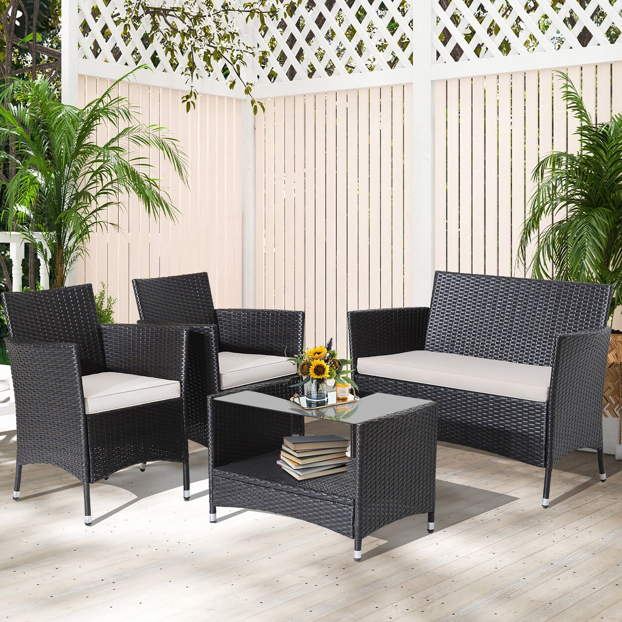 Black rattan 4 piece garden set hot sale