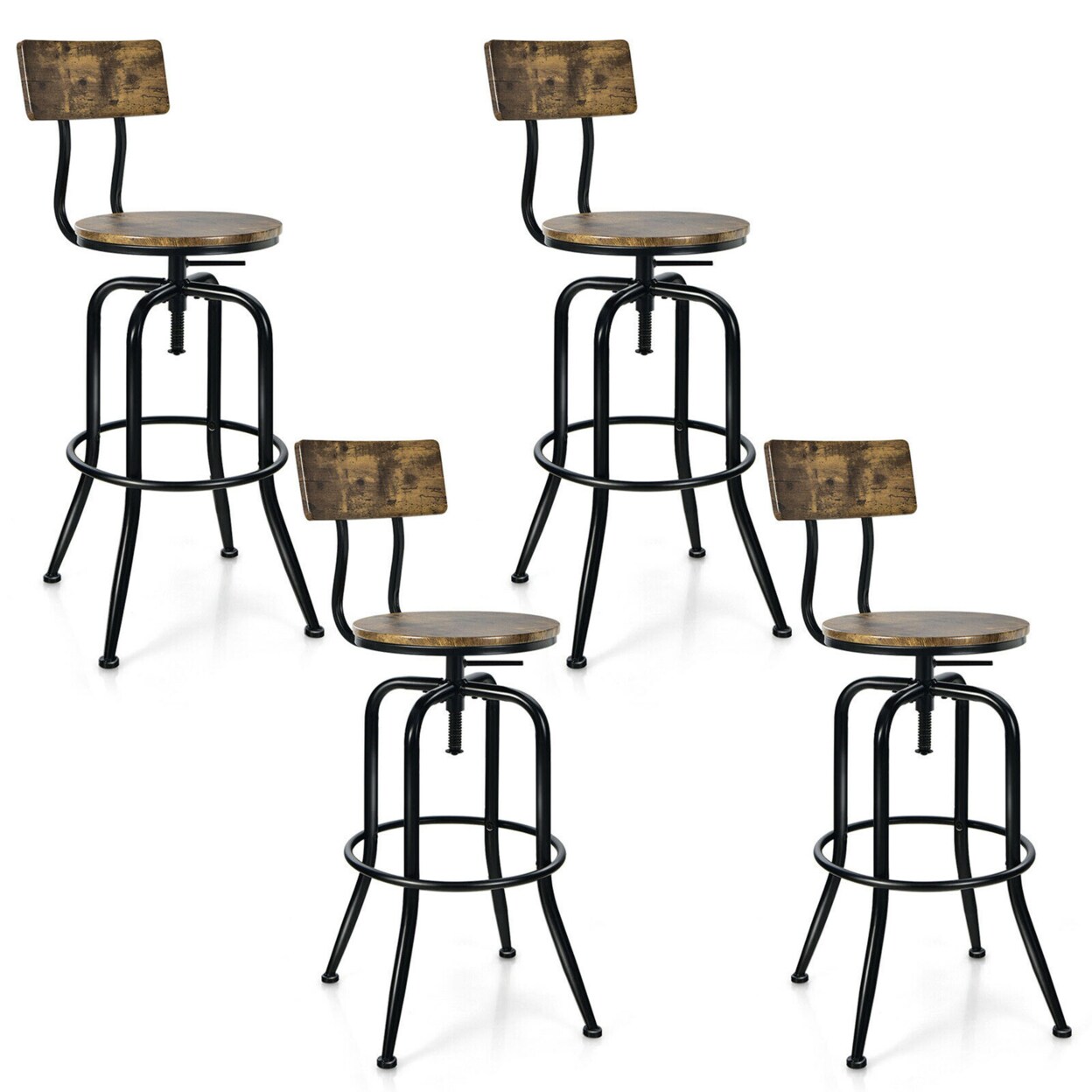 Gymax Set of 4 Industrial Bar Stool Adjustable Swivel Counter-Height Dining Side Chair