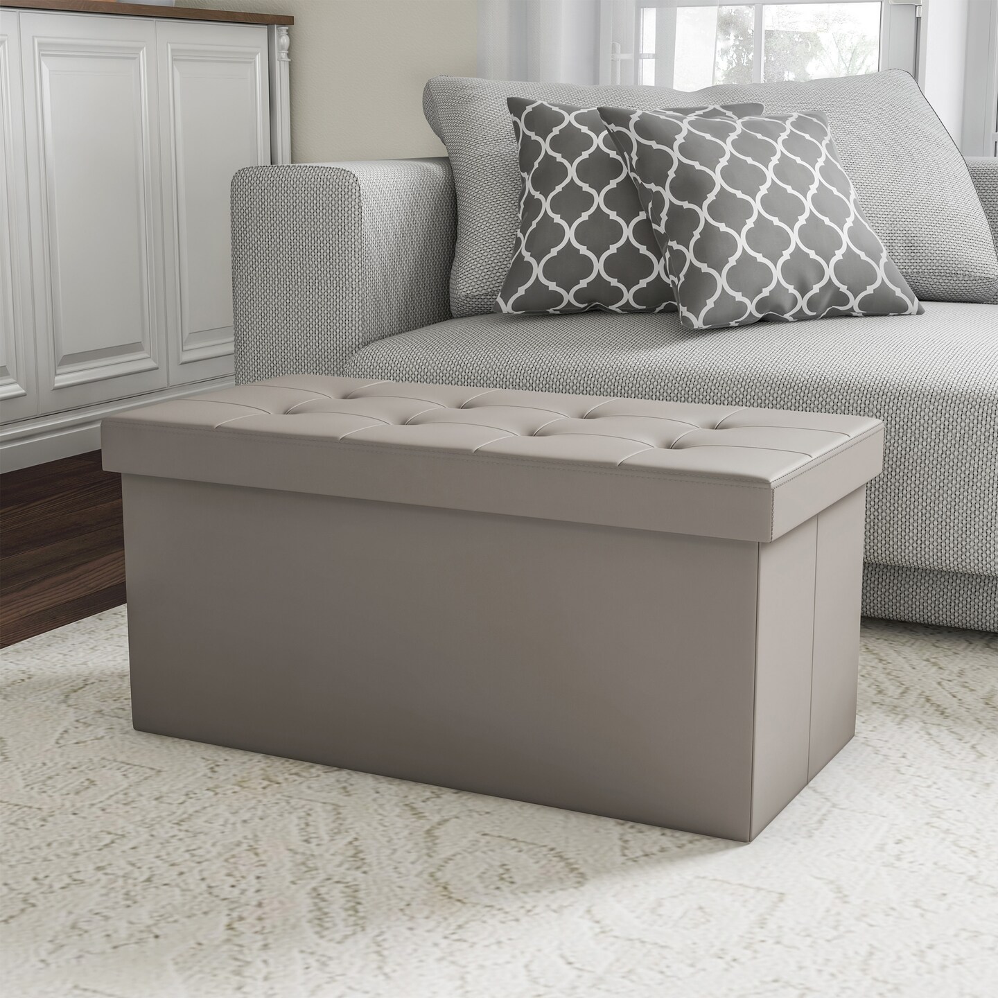 Lavish Home Folding Storage Bench Ottoman Faux Gray Leather- Foam Padded Lid-Removable Bin-Organizer for Home Bedroom