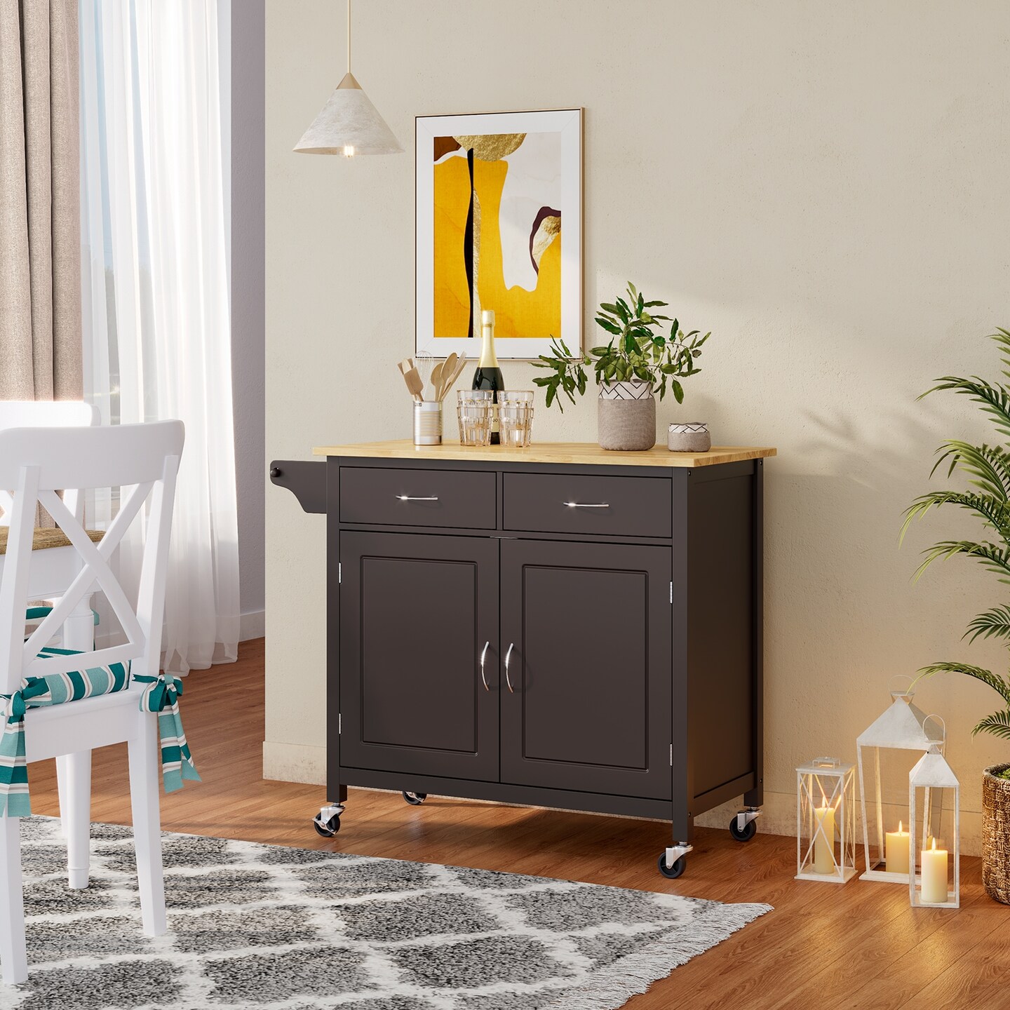Modern Rolling Kitchen Cart Island with Wood Counter Top and 2 Lockable Wheels