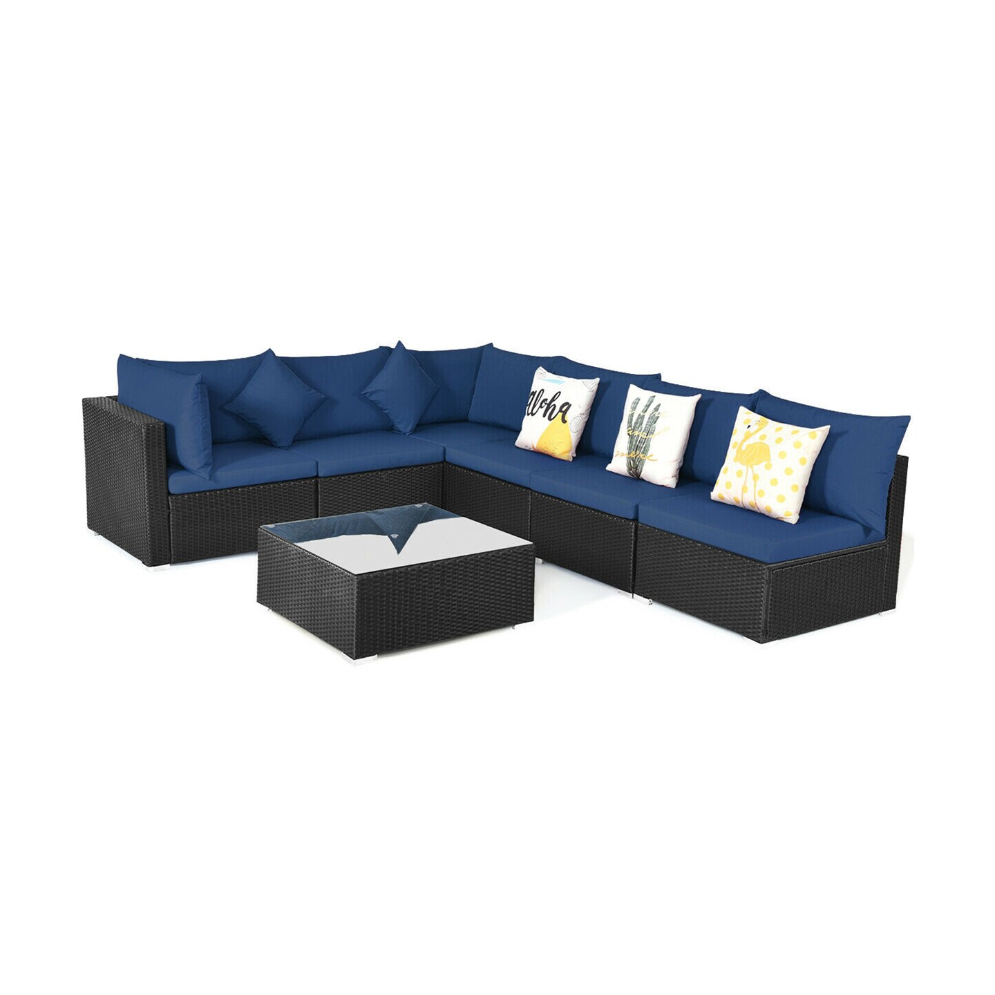 7 Pieces Sectional Wicker Furniture Sofa Set With Tempered Glass Top