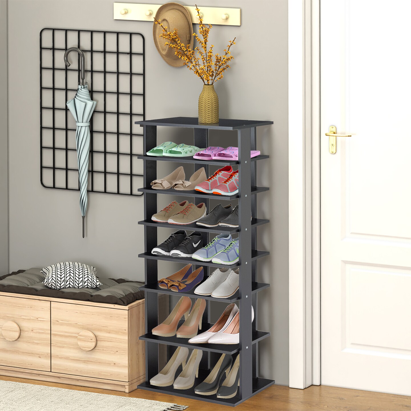 7-Tier Dual 14 Pair Shoe Rack Free Standing Concise Shelves Storage