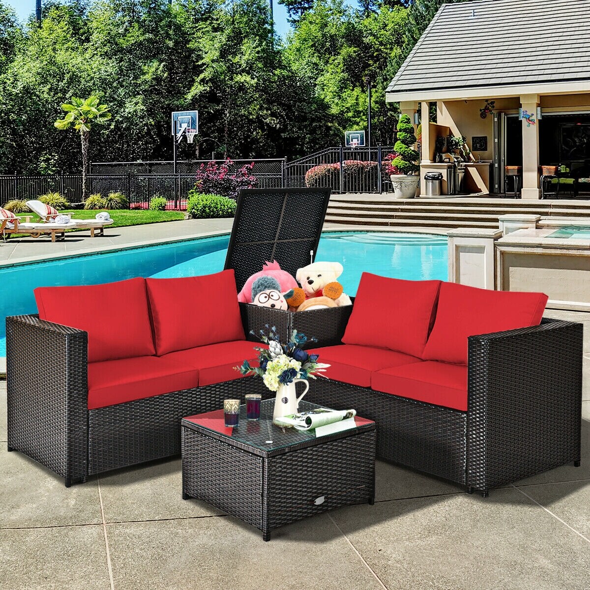 4 Pcs Outdoor Patio Rattan Furniture Set with Cushioned Loveseat and Storage Box