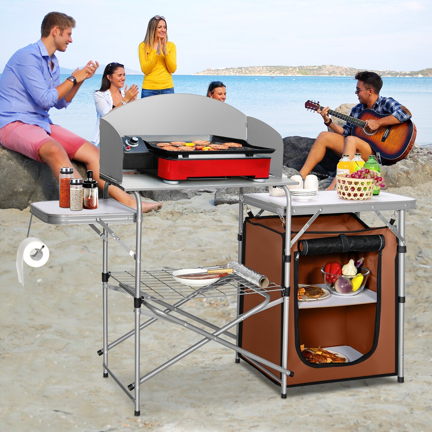 Fold-able Outdoor BBQ Portable Grilling Table With Windscreen Bag