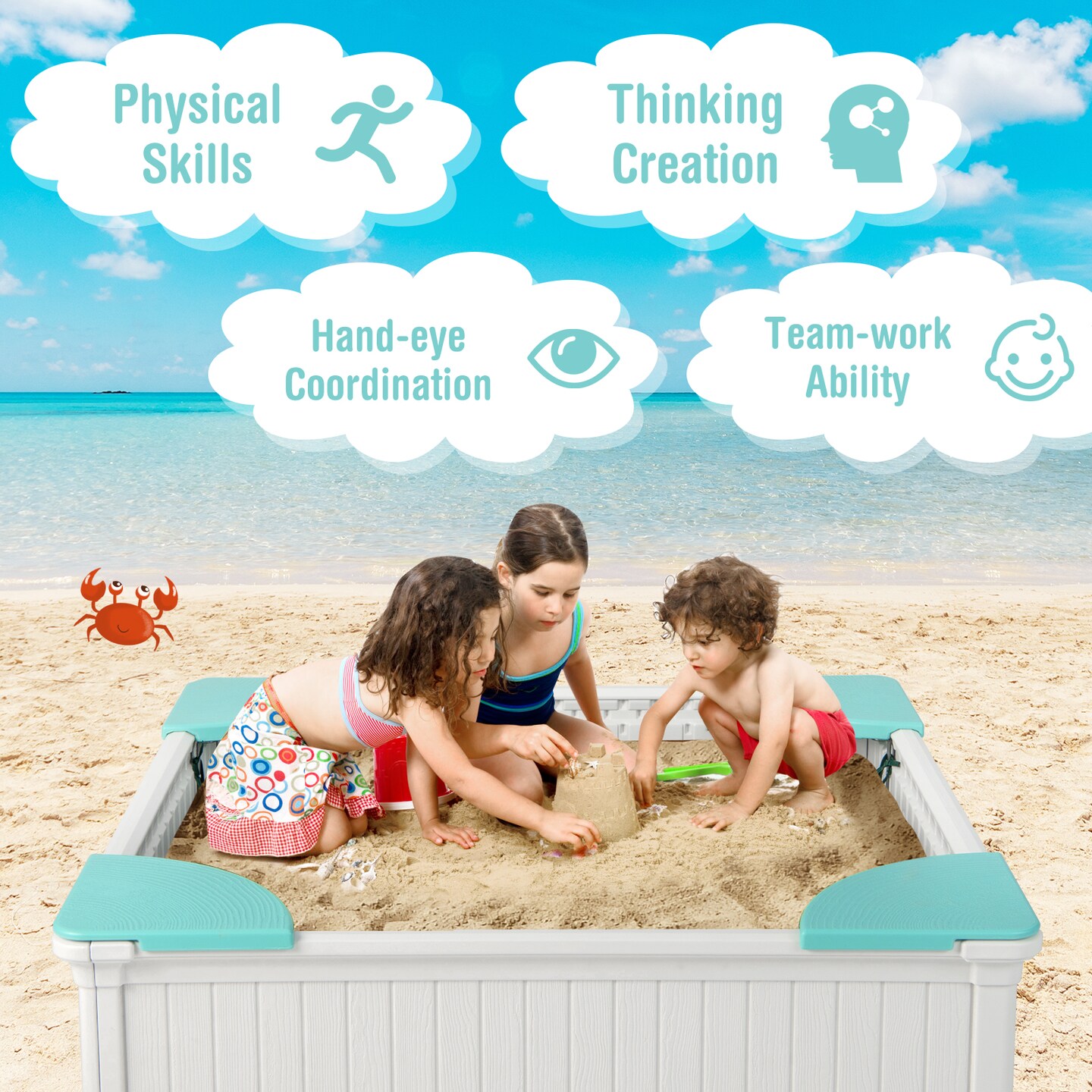 Kids Outdoor Sandbox with Oxford Cover and 4 Corner Seats
