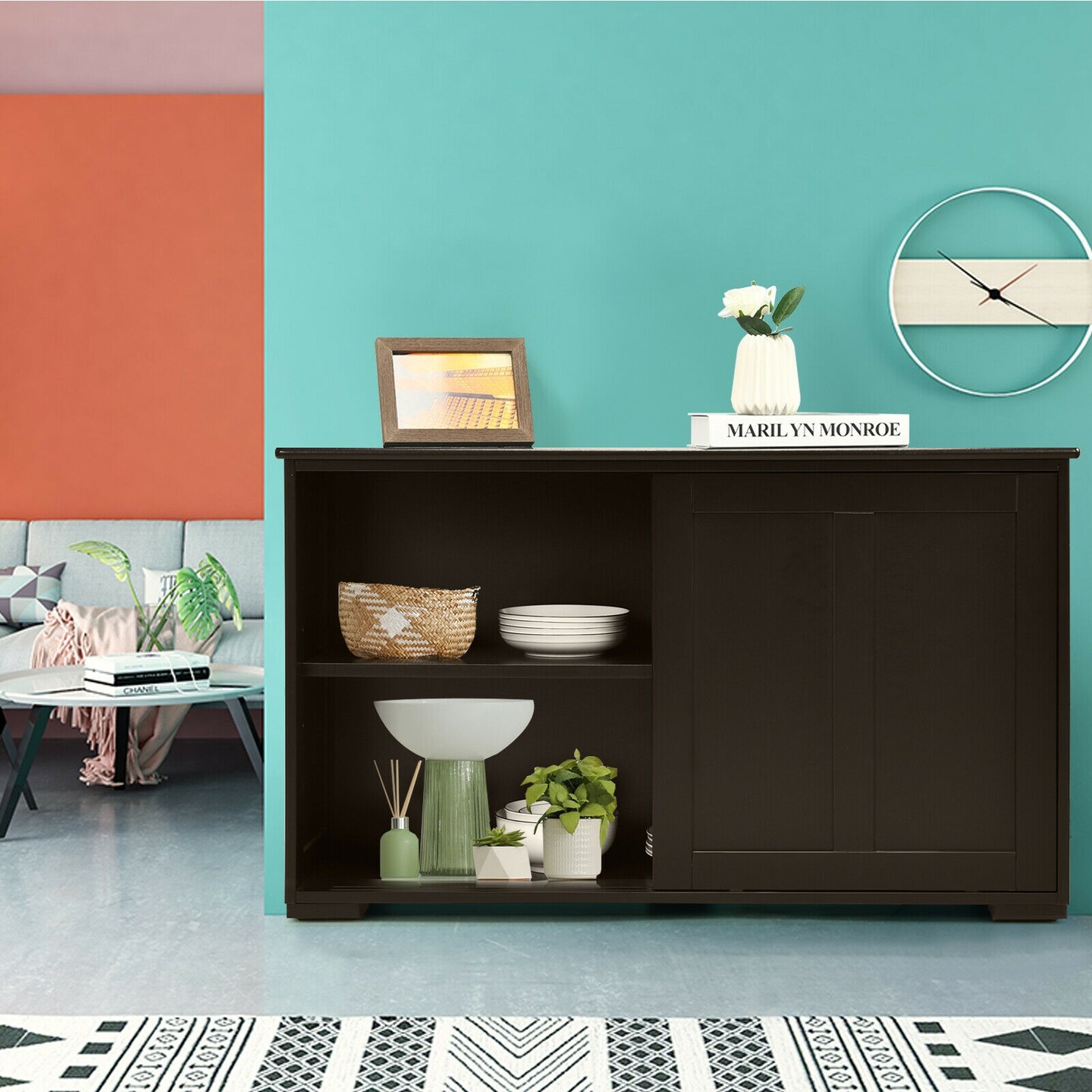 Kitchen Storage Cupboard Cabinet with Sliding Door and Adjustable Shelf