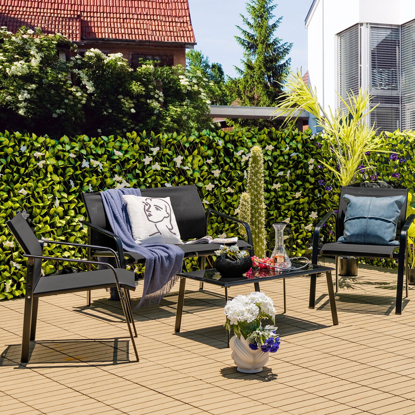 4 Pieces Patio Furniture Set with Armrest Loveseat Sofas and Glass Table Deck