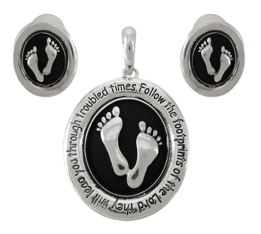 Silvertone Christian FOOTPRINTS Pendant / Earrings Set