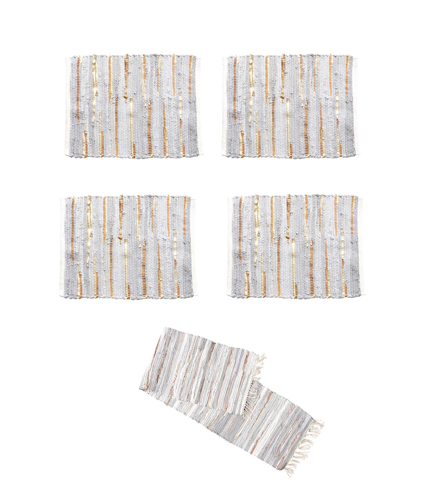 Gray and Gold Chindi Cloth Woven Table Runner With 4 Matching Placemats