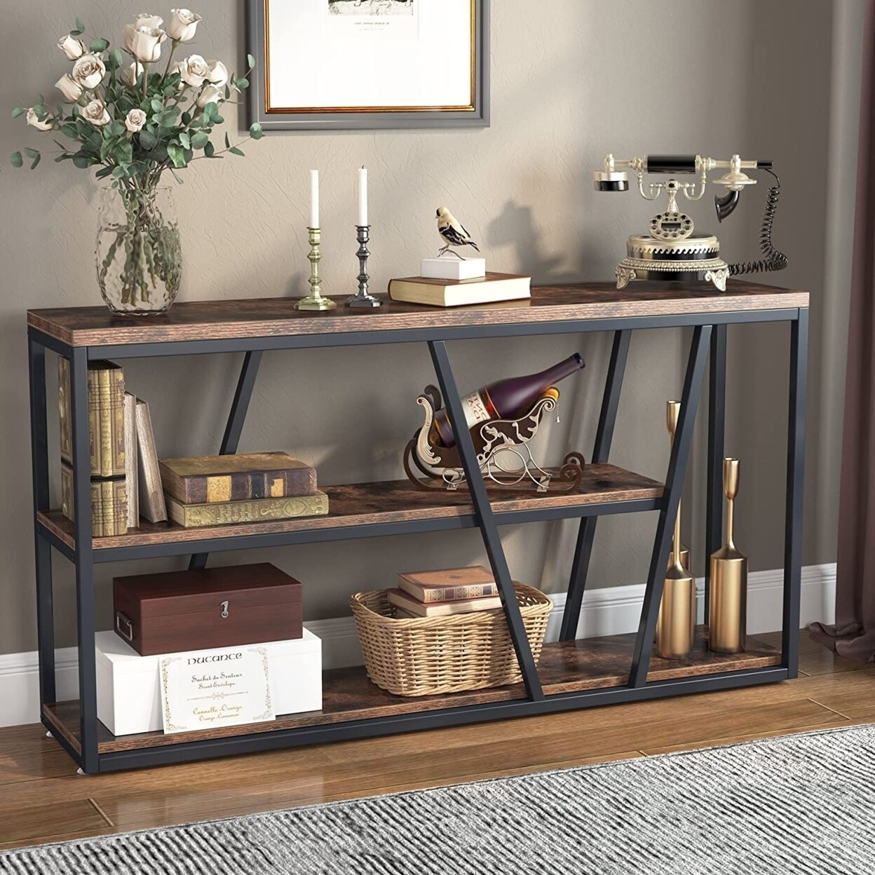 Tribesigns   Console Table Industrial Sofa Table with Shelves 3-Tier Entryway Table with Storage