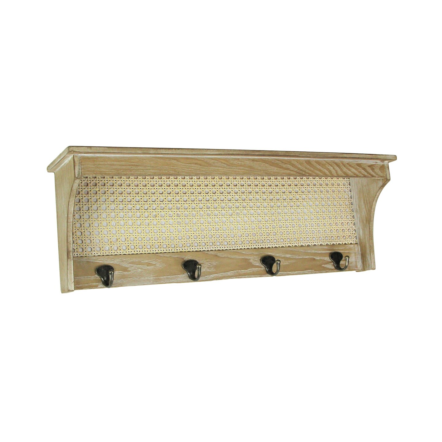 Wooden Wall Shelf With Rattan Mesh Cane Webbing and Four Metal Hooks