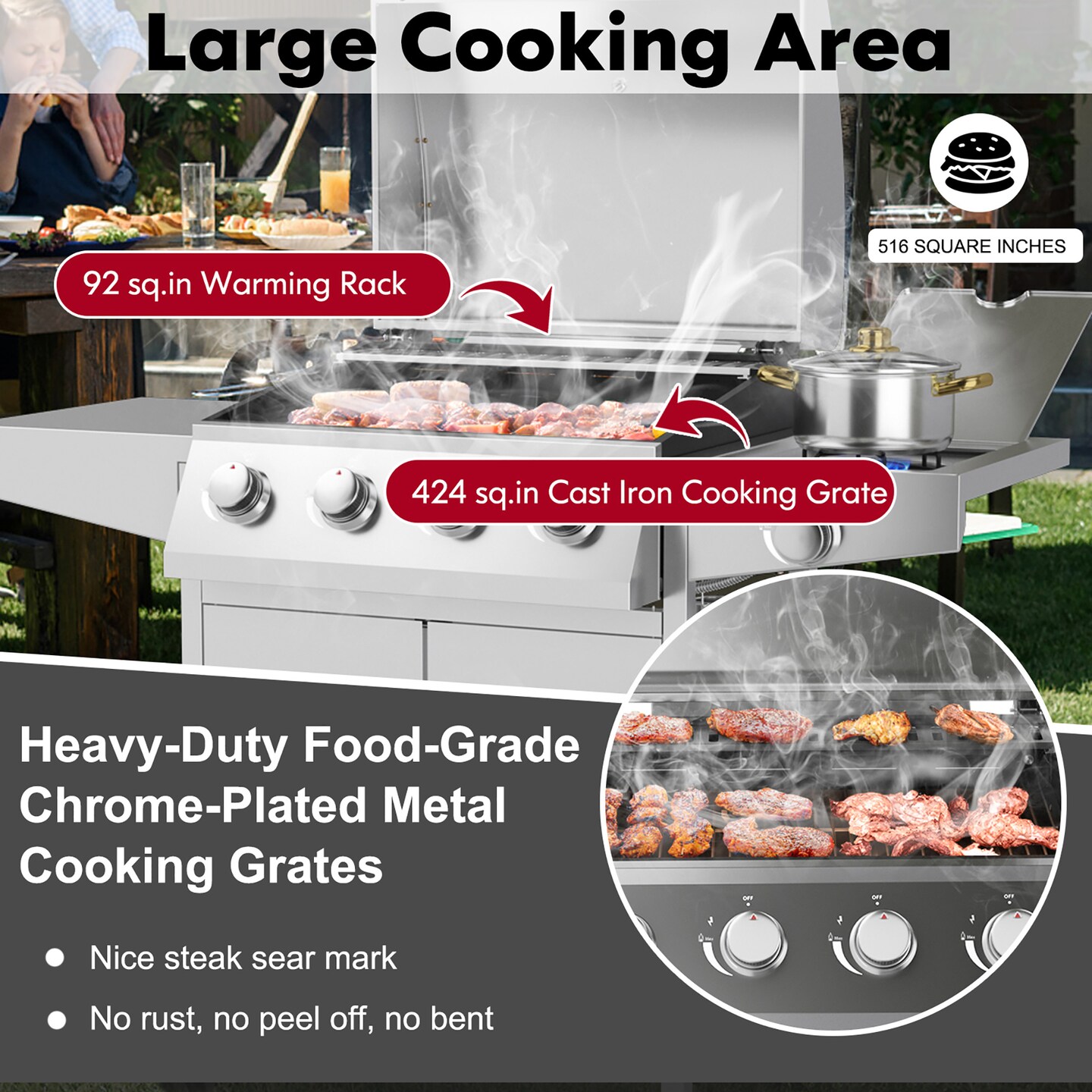 Costway 5-Burner Propane Gas BBQ Grill withSide Burner,Thermometer,Prep Table 50000 BTU