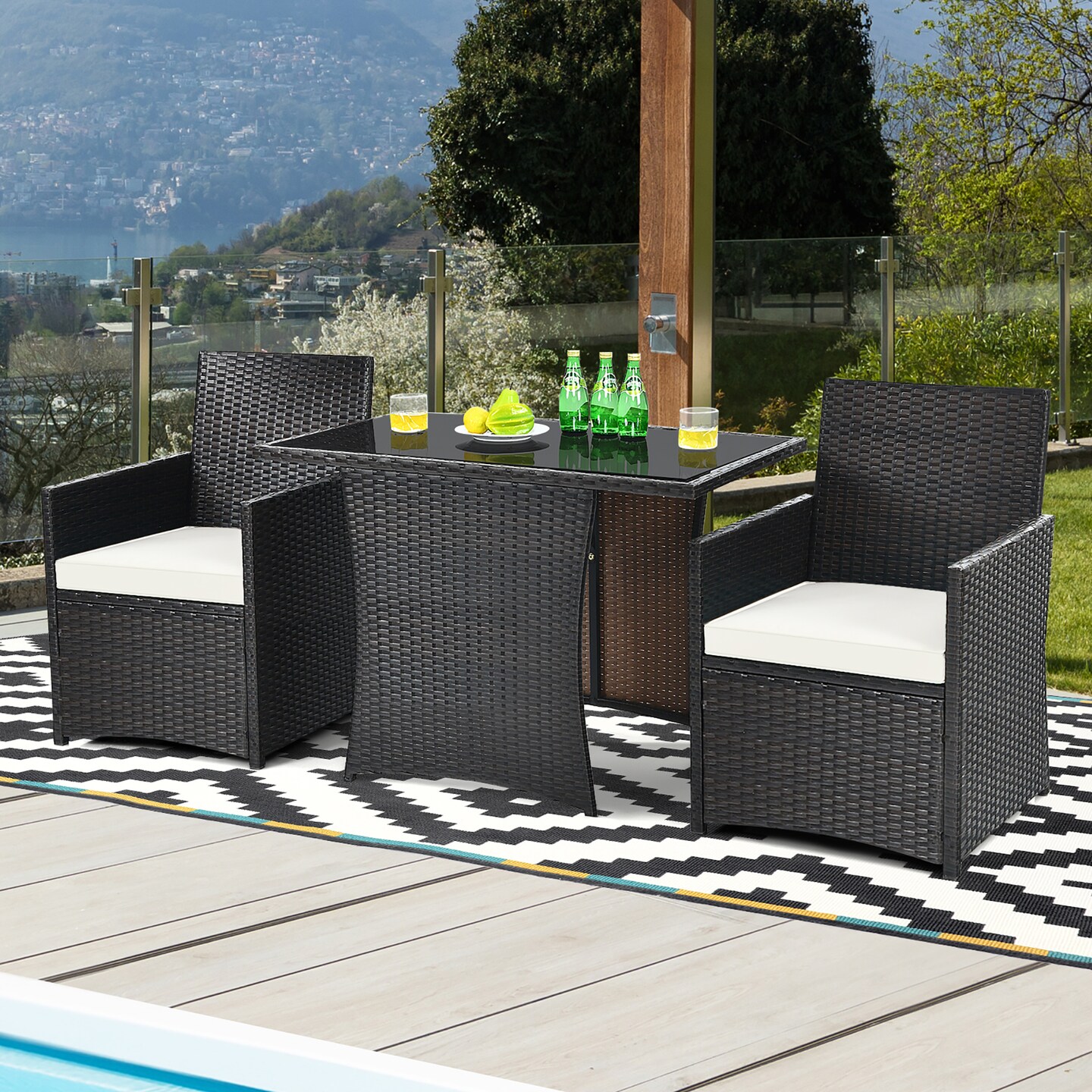 Costway 3PCS Patio Rattan Furniture Set Cushion Sofa Armrest Garden Deck