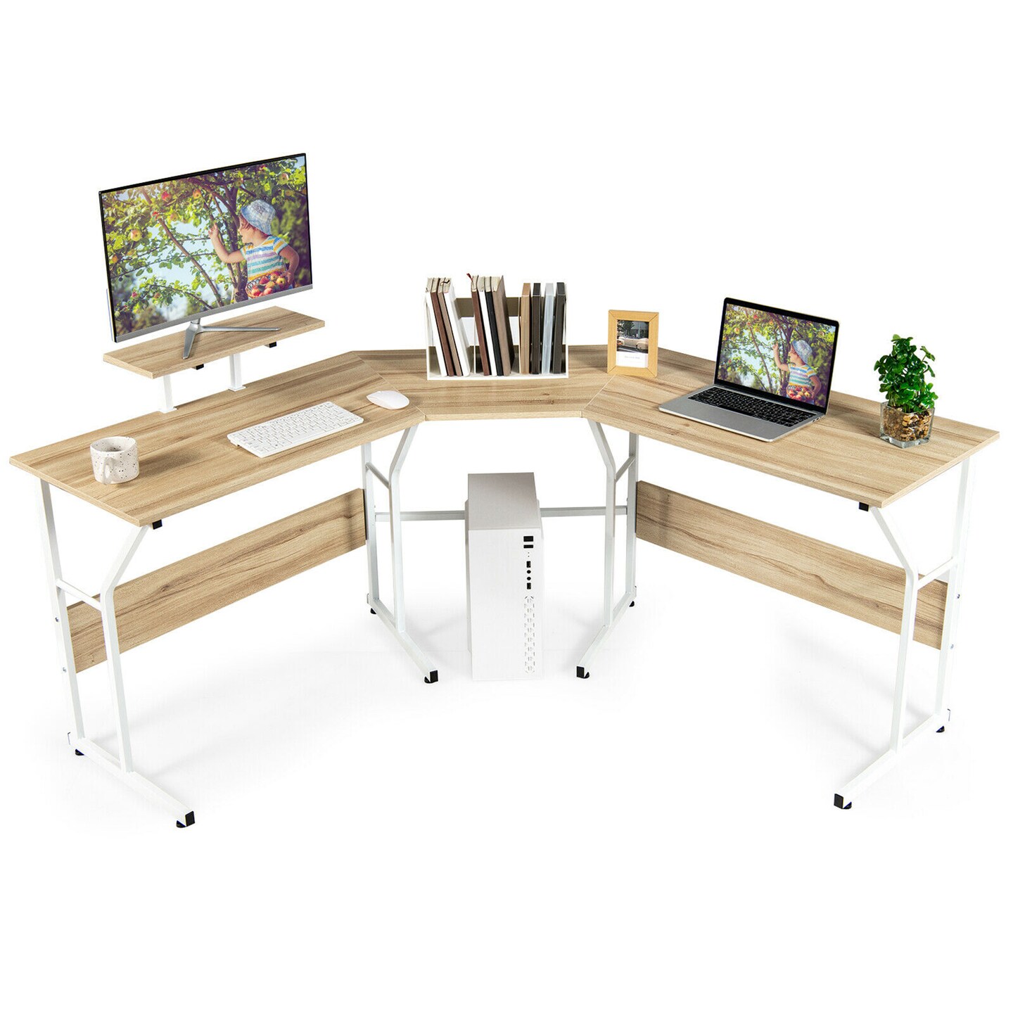 Costway 88.5&#x27;&#x27; L Shaped Reversible Computer Desk 2 Person Long Table Monitor Stand