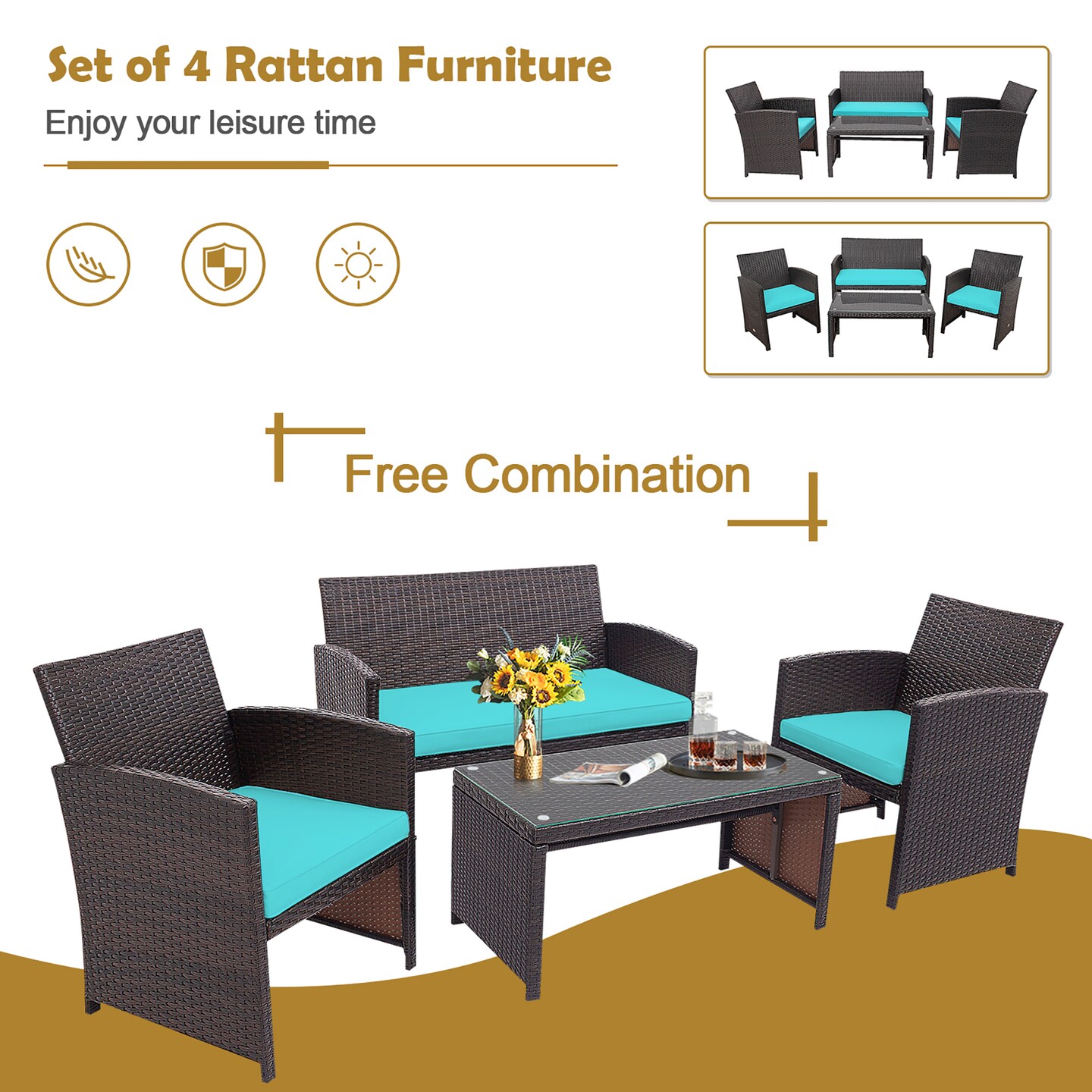 Costway 8PCS Patio Rattan Furniture Set Cushioned Chair Sofa Coffee Table White\Navy\Turquoise\Red