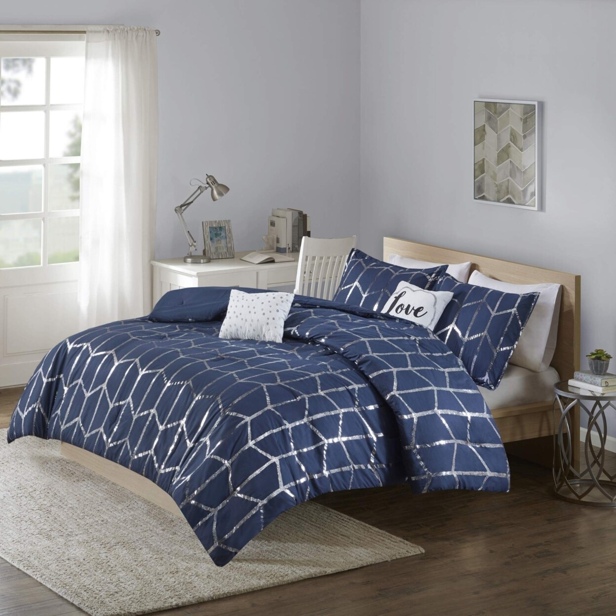 Intelligent Design   Raina Comforter Microfiber, Toss Pillow - Twin/Twin XL - Navy/Silver