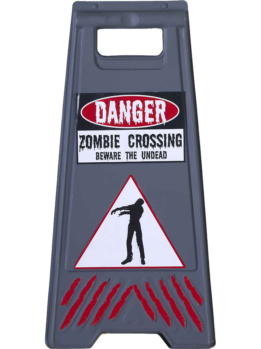 Zombie Crossing Warning Floor Sign with Caution Tape Halloween Decoration