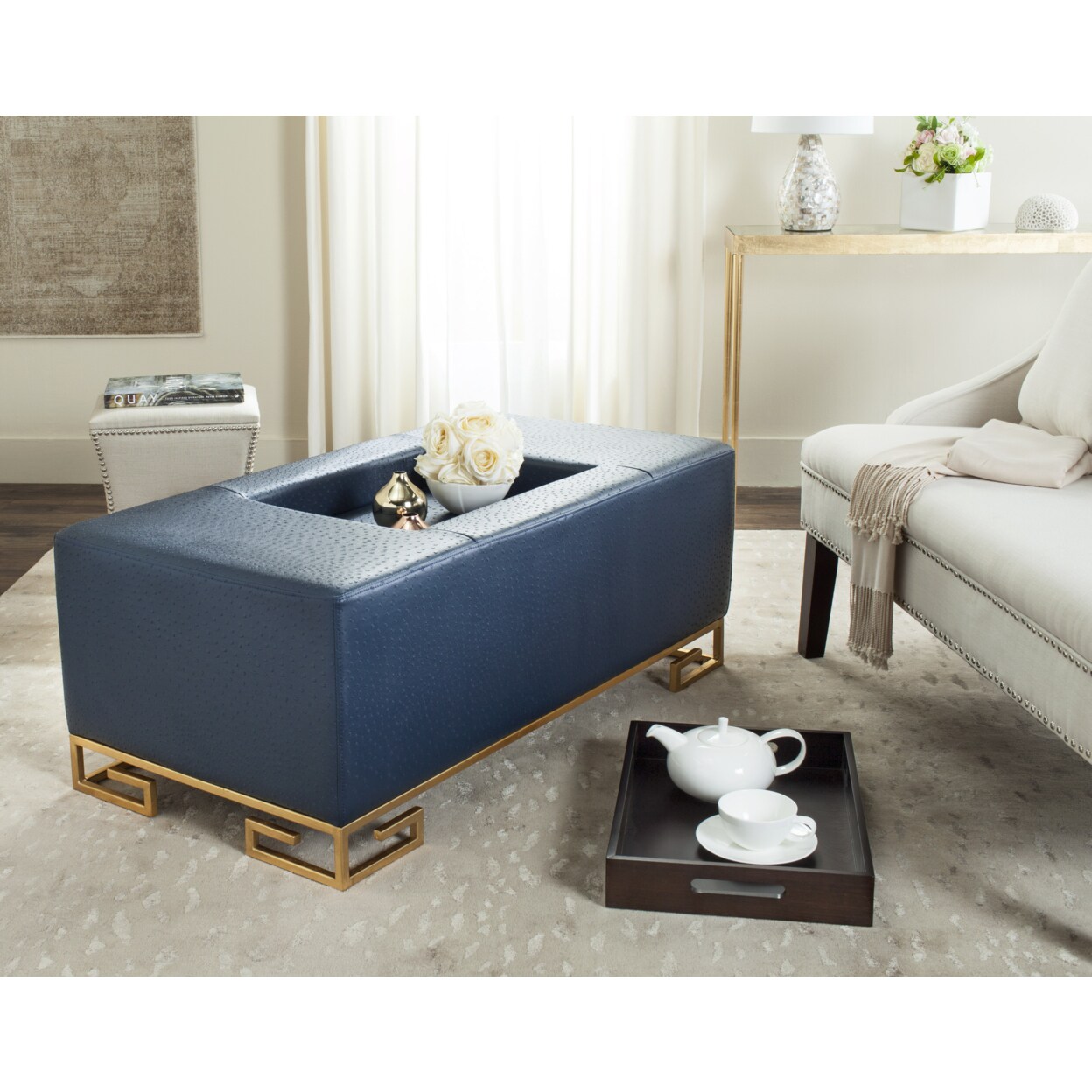 Safavieh   Julian Faux Ostrich Tray Ottoman/Coffee Table Navy / Gold