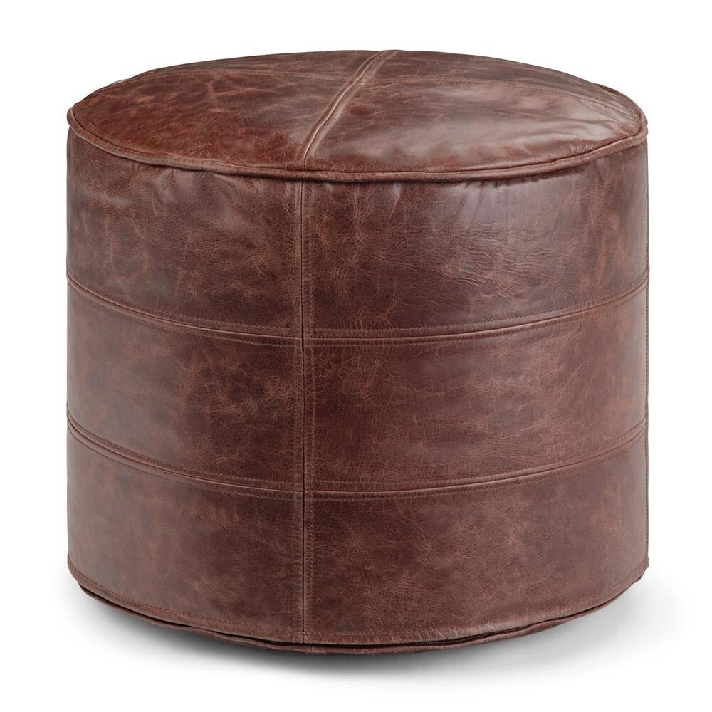 Simpli Home Connor Boho Round Pouf Leather Footstool, Footrest, Upholstered