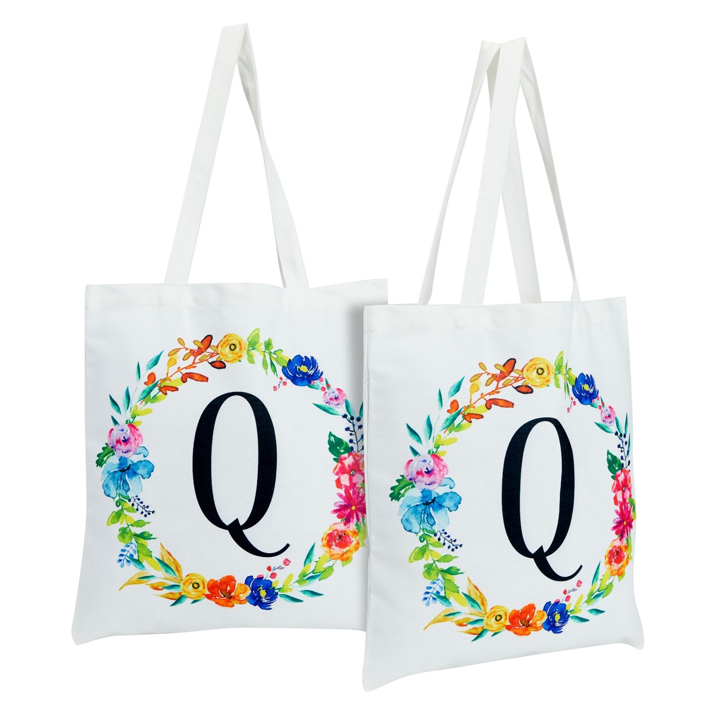 Set of 2 Reusable Monogram Letter Q Personalized Tote Bags for Women,  Floral Design (29 Inches)