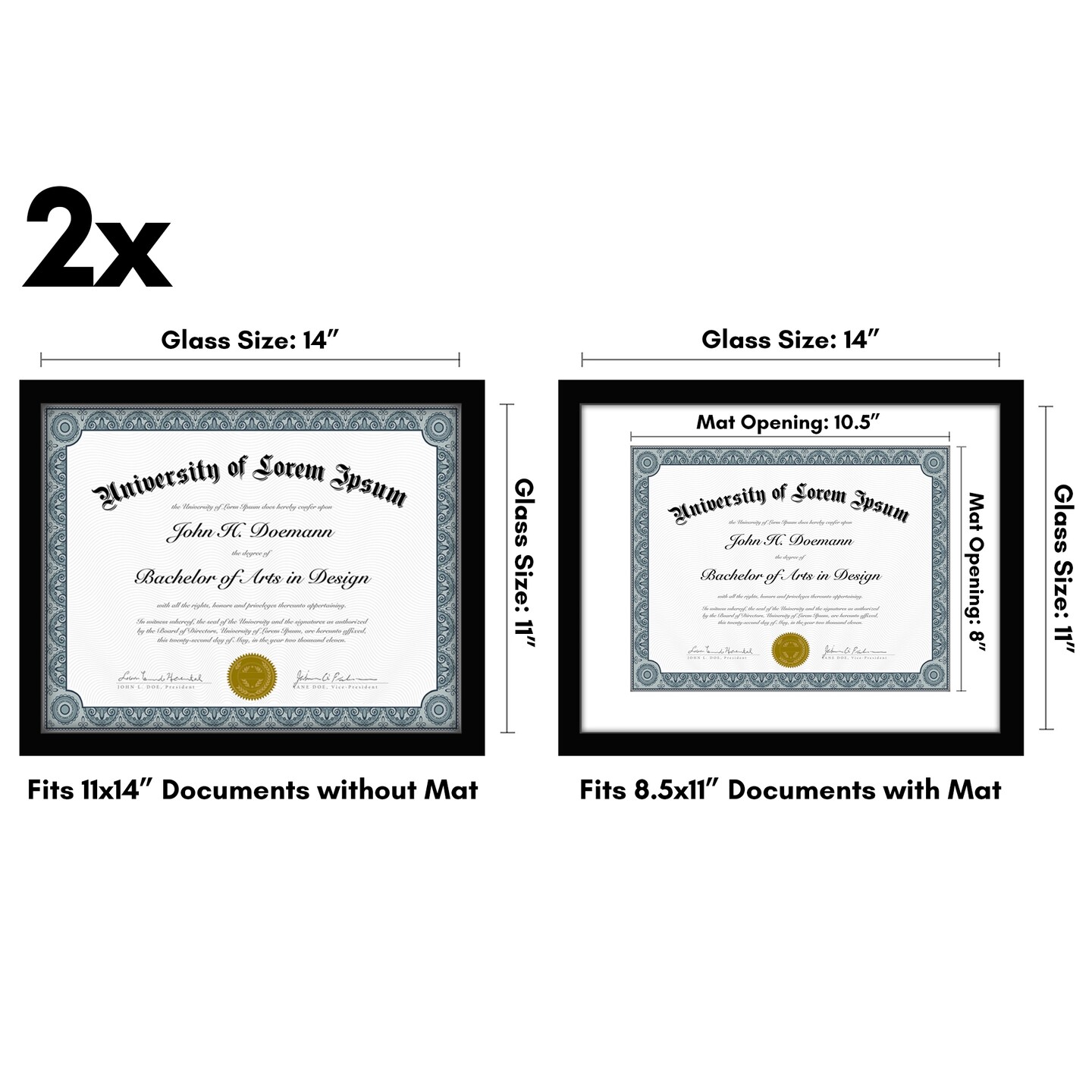 Diploma Frame - 11x14 with 8.5x11 Mat for Diploma - Wood + Glass