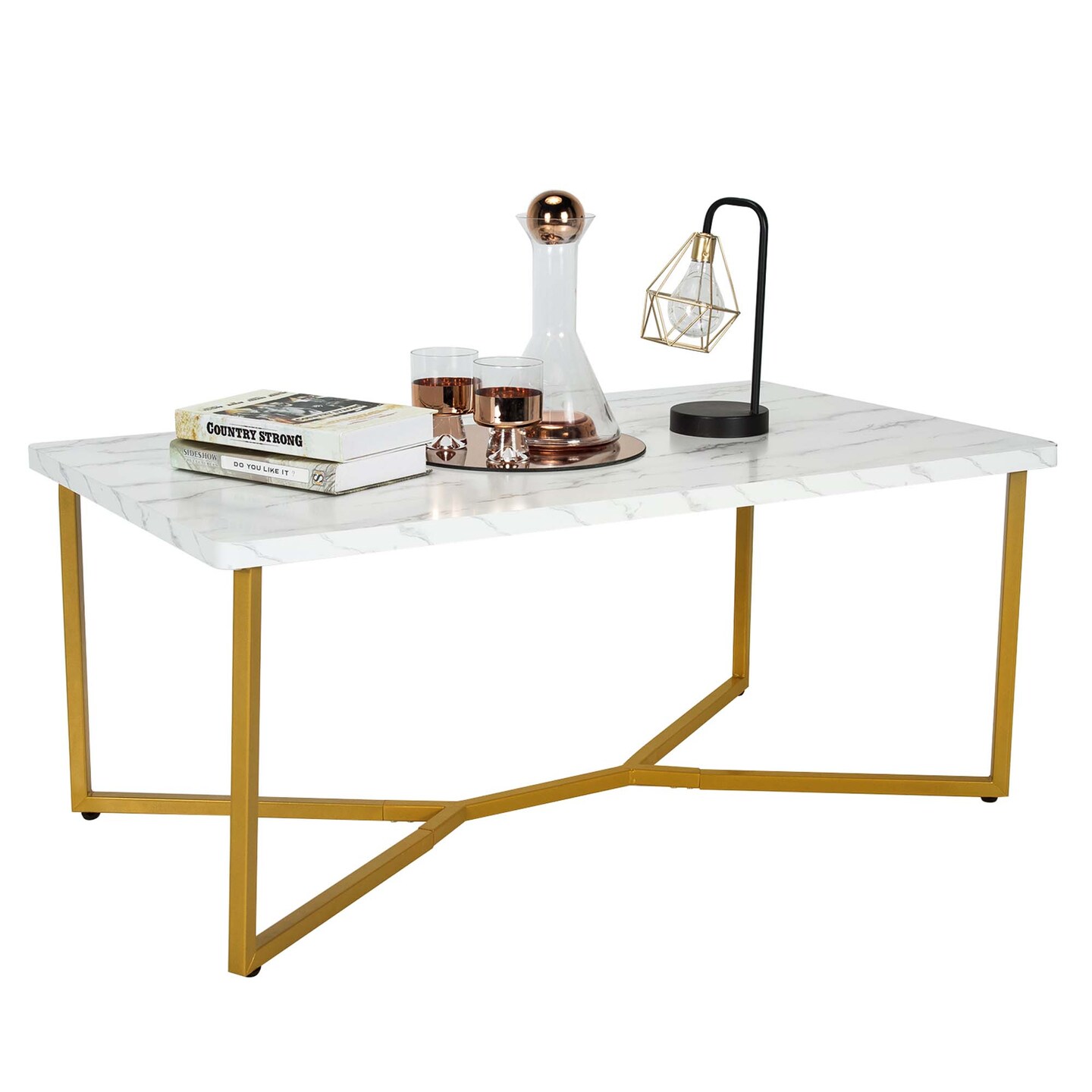 Costway Modern Coffee Table with Faux Marble Tabletop &#x26; Golden Y-shaped Legs Foot Pads