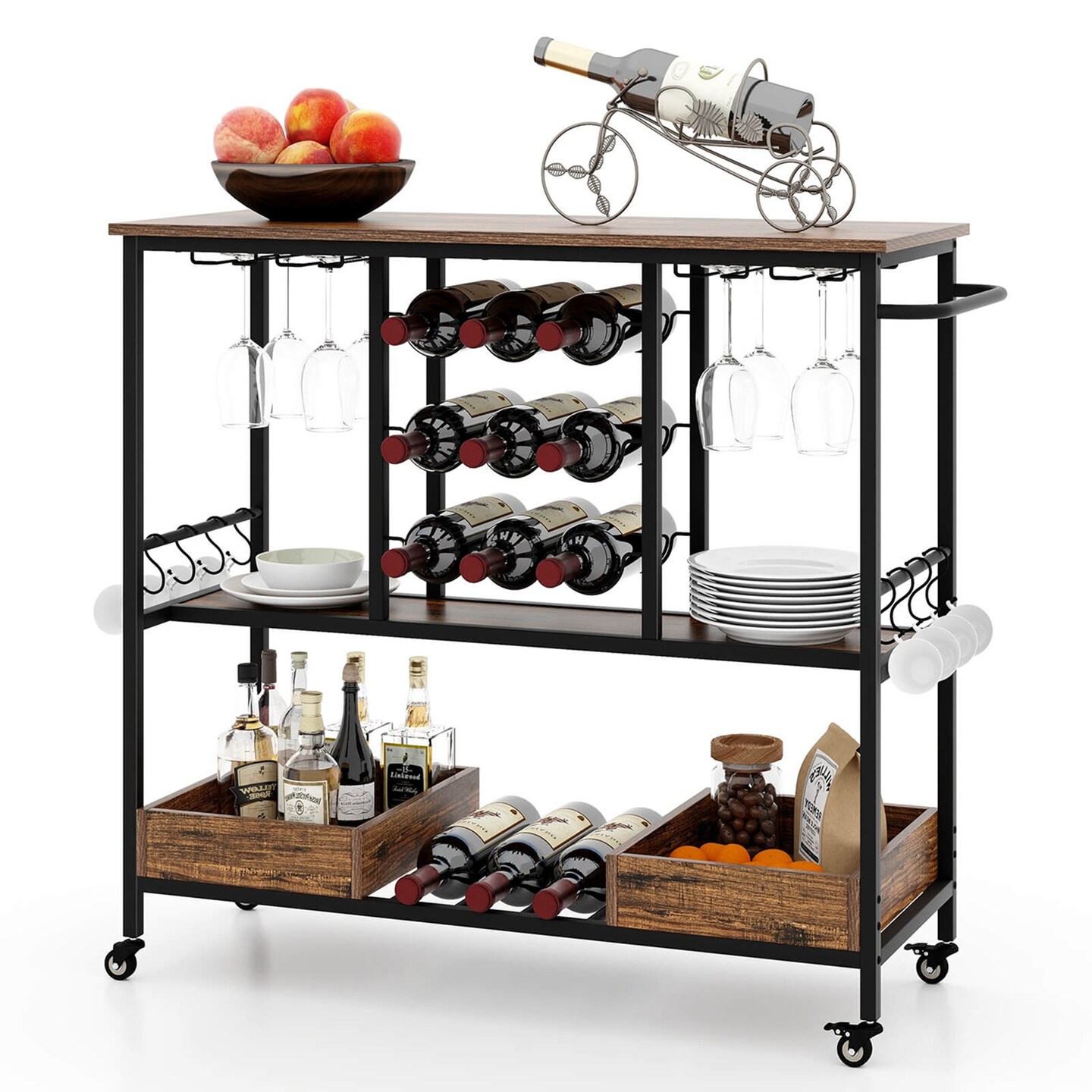 Costway 3 Tiers Bar Cart Home Serving Cart on Wheels with Glass Racks Wine Holders Rustic Brown/Vintage Brown